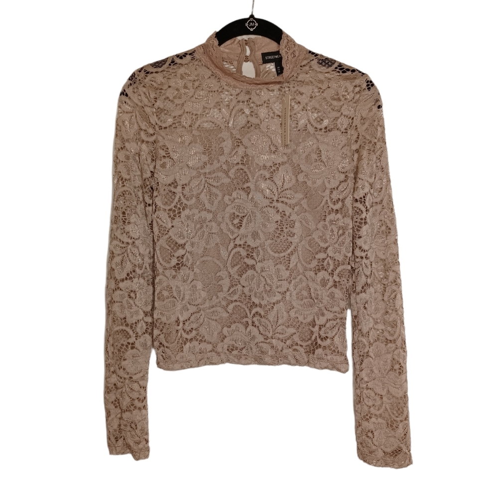STREETWEAR SOCIETY Tan Floral Lace Long Sleeve Top Large NWT